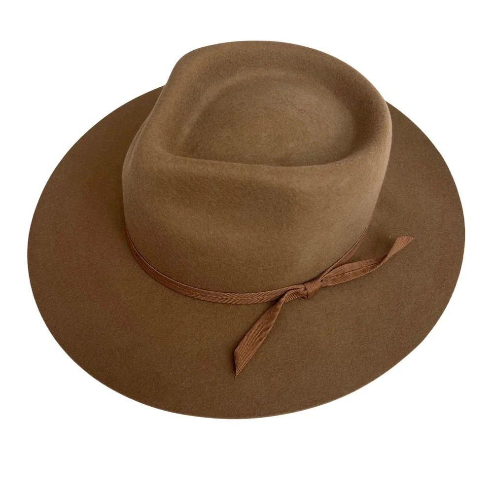 Lack of Color Teak Brown Australian Wool Wide Brim Fedora Hat Small 55cm Bow